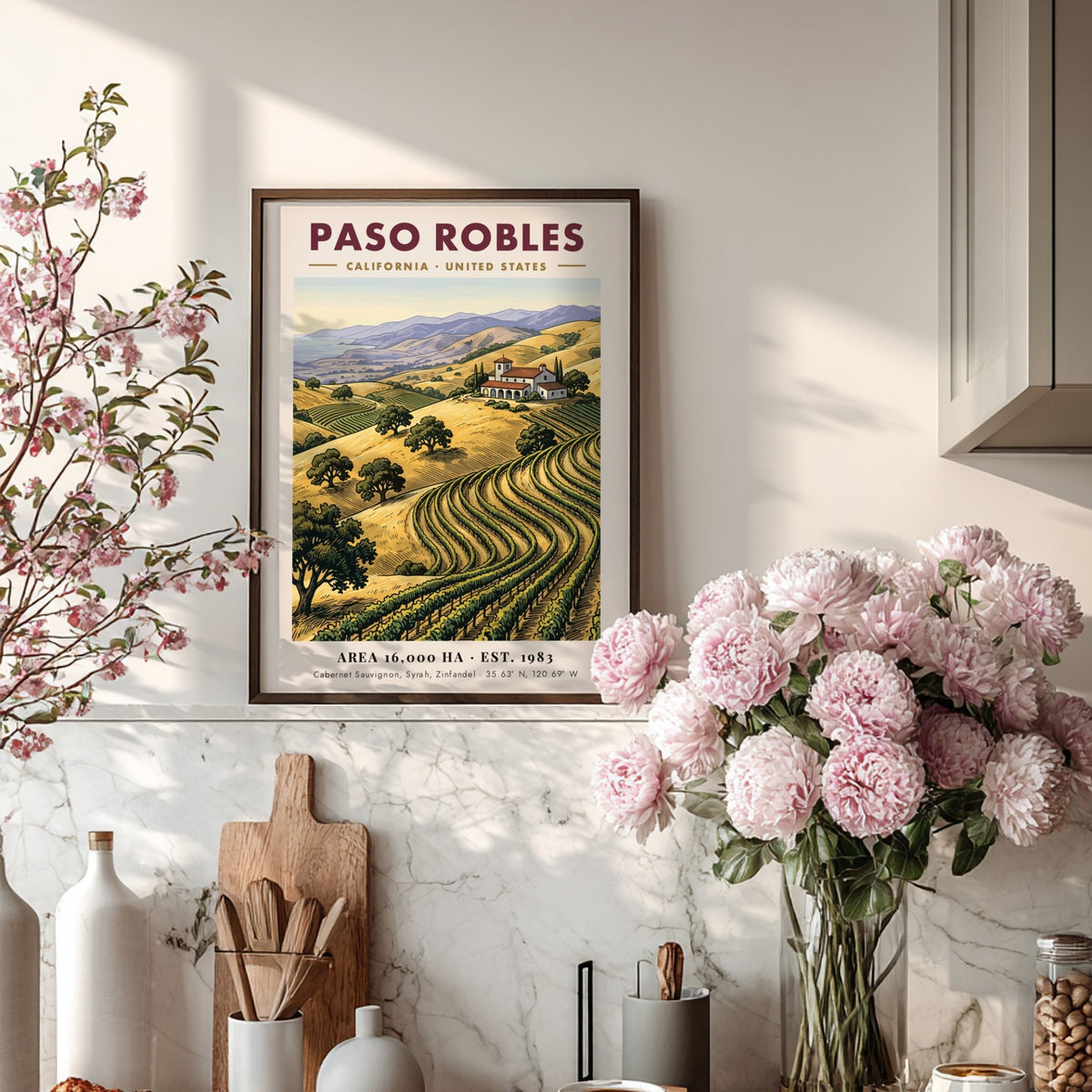 Poster of Paso Robles vineyards with golden hills and a villa under blue mountains.