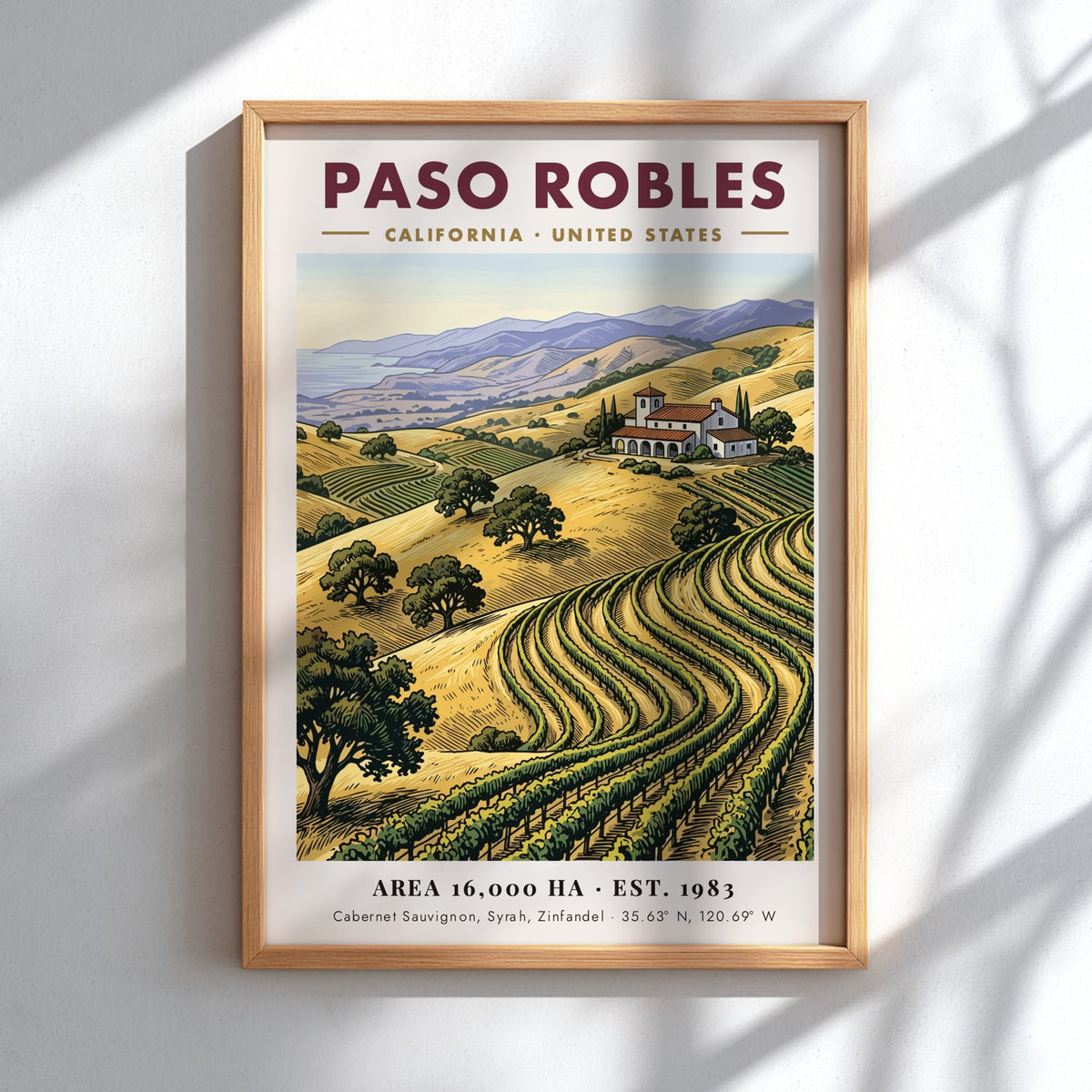 Poster of Paso Robles vineyards with golden hills and a villa under blue mountains.
