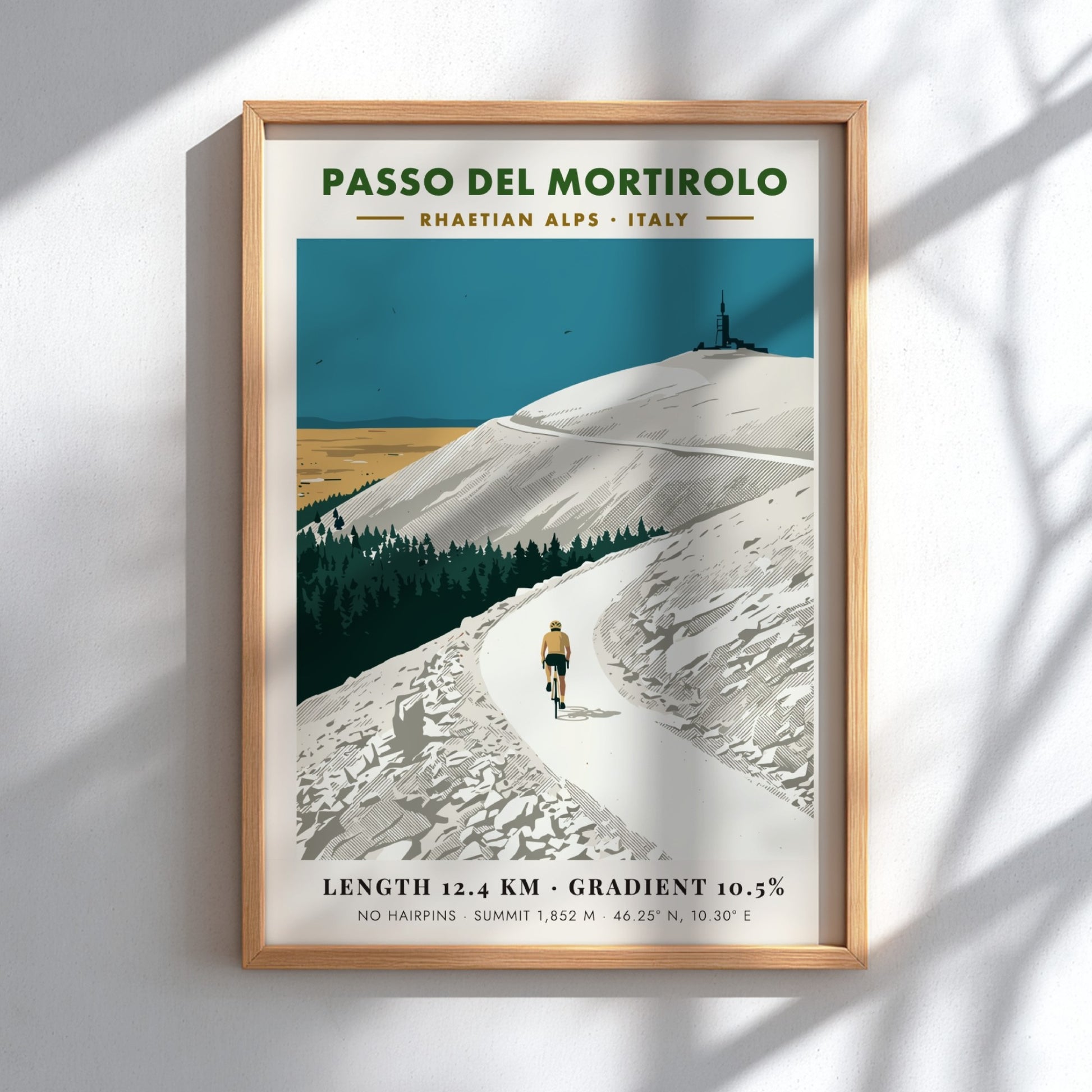 Poster of Passo Del Mortirolo in the Italian Alps featuring a lone cyclist