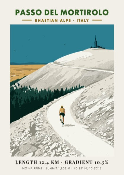 Poster of Passo Del Mortirolo in the Italian Alps featuring a lone cyclist
