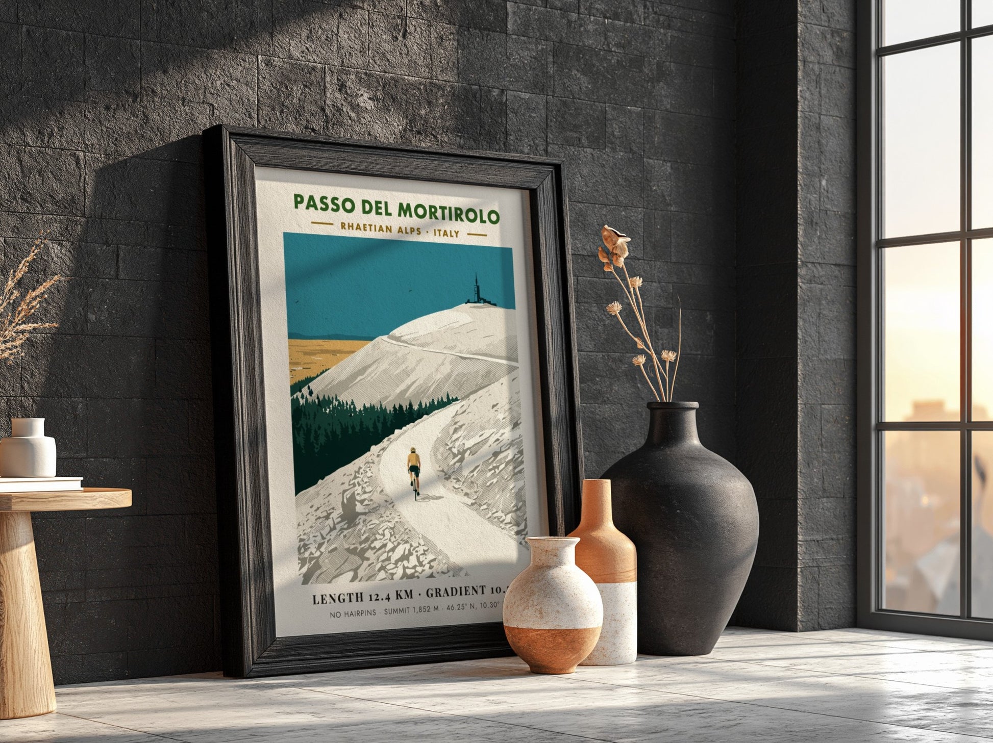 Poster of Passo Del Mortirolo in the Italian Alps featuring a lone cyclist