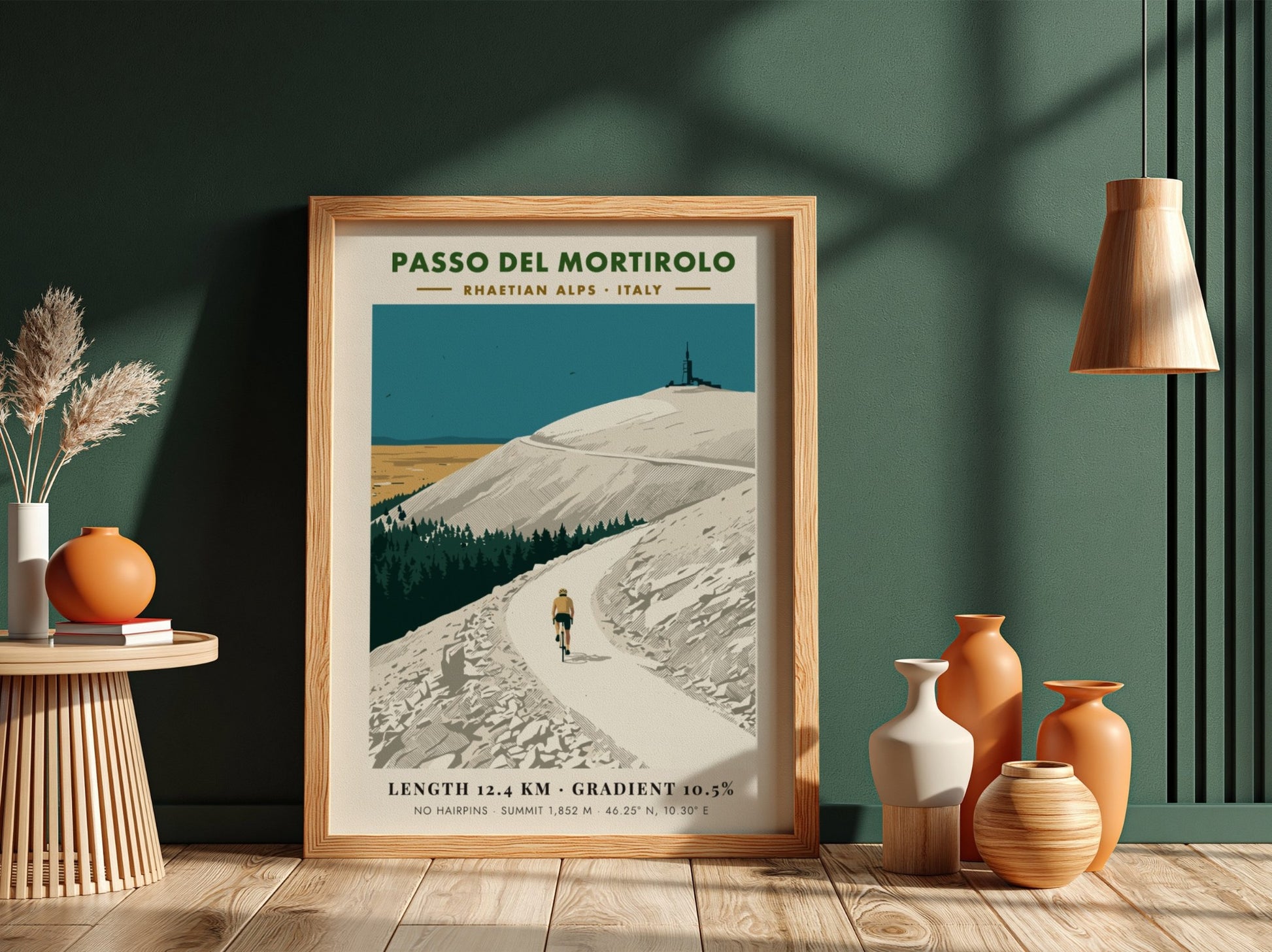 Poster of Passo Del Mortirolo in the Italian Alps featuring a lone cyclist