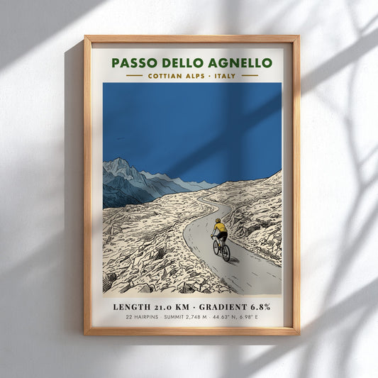 Poster of a cyclist climbing the Passo Dello Agnello in the Italian Alps