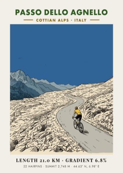Poster of a cyclist climbing the Passo Dello Agnello in the Italian Alps