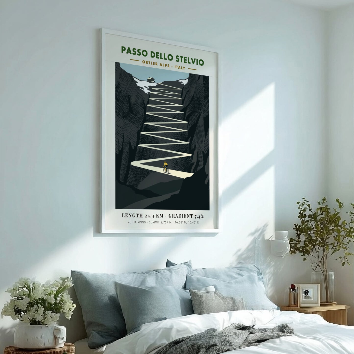 Poster featuring a minimalist illustration of the Passo Dello Stelvio cycling climb in Italy