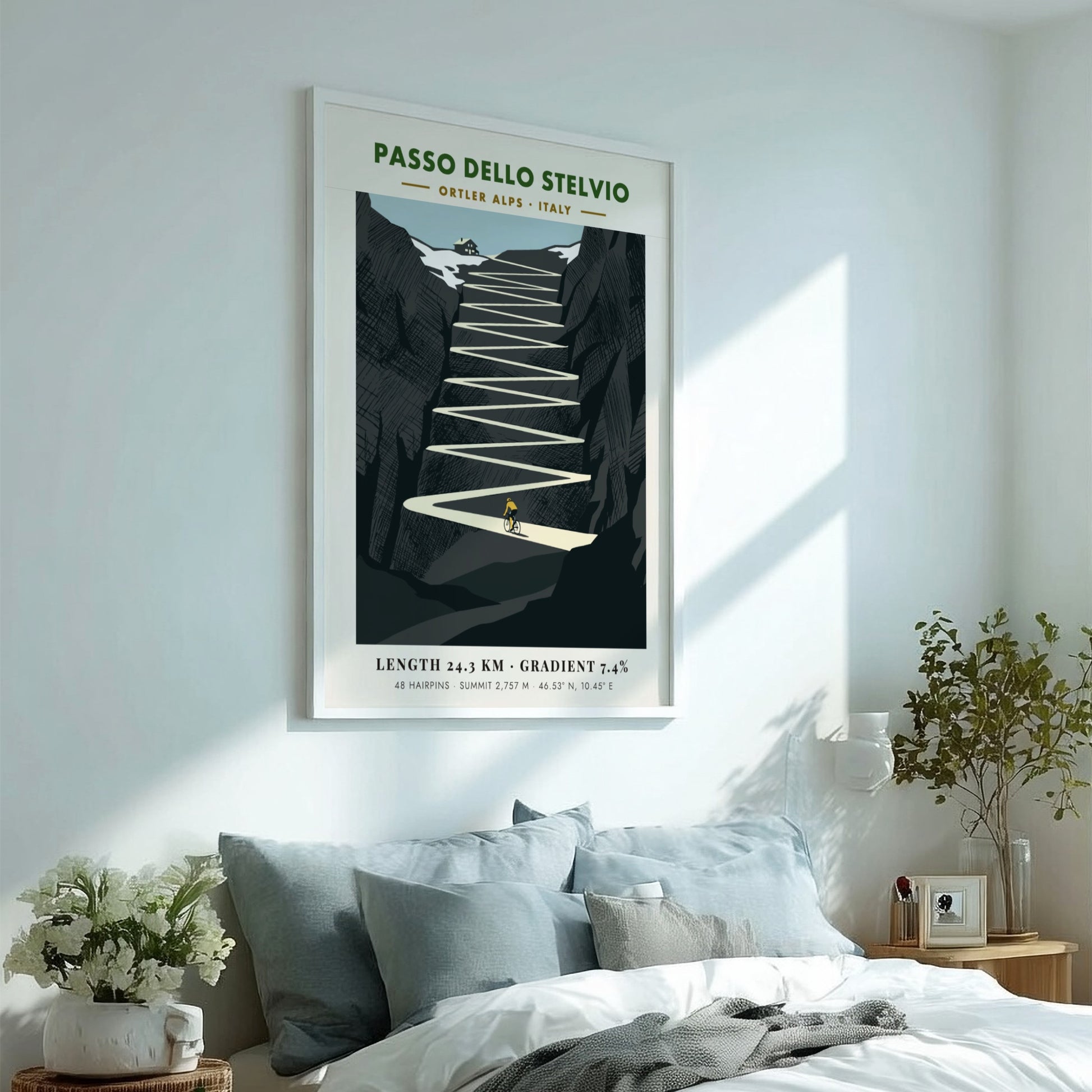 Poster featuring a minimalist illustration of the Passo Dello Stelvio cycling climb in Italy