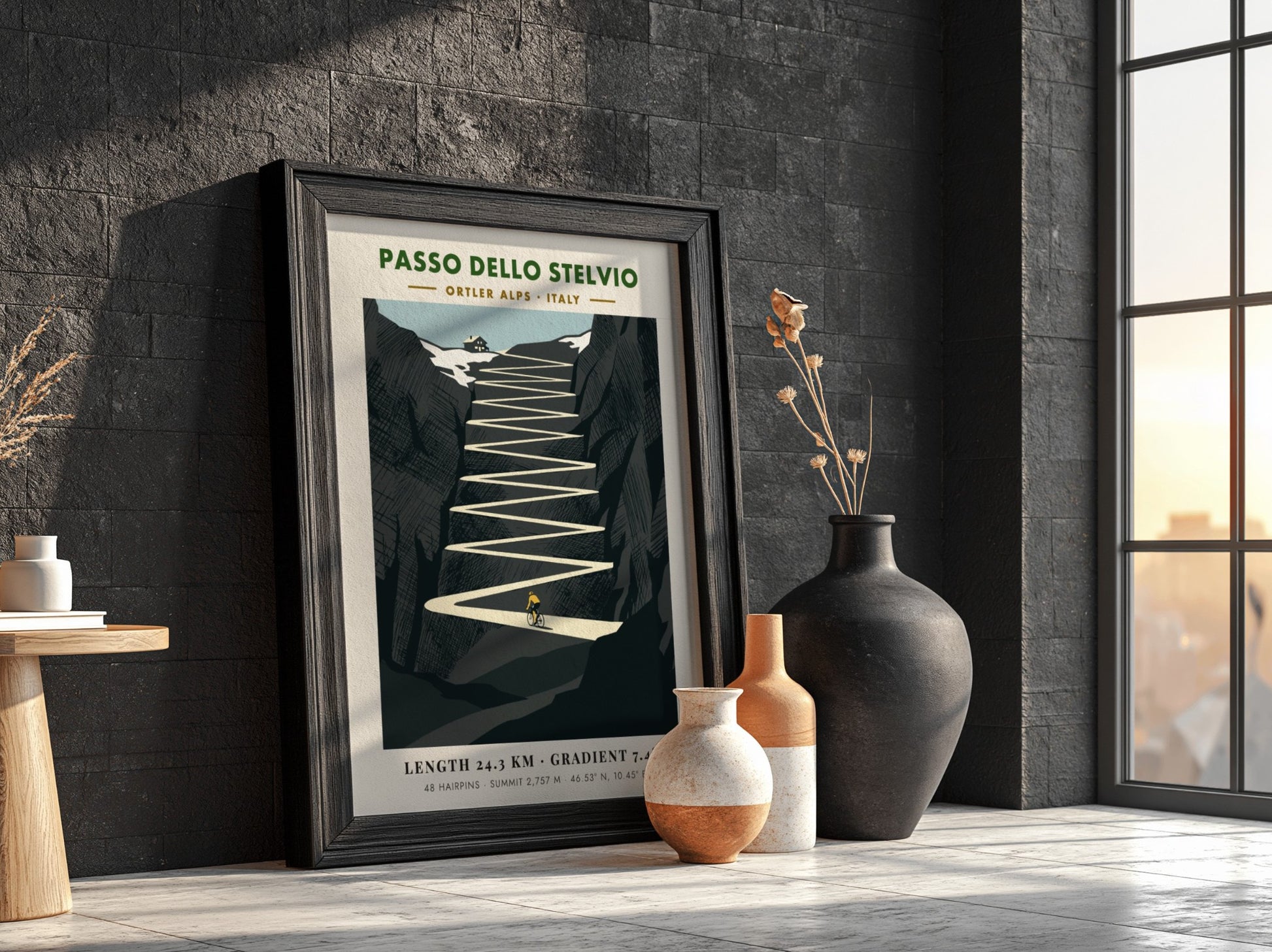 Poster featuring a minimalist illustration of the Passo Dello Stelvio cycling climb in Italy