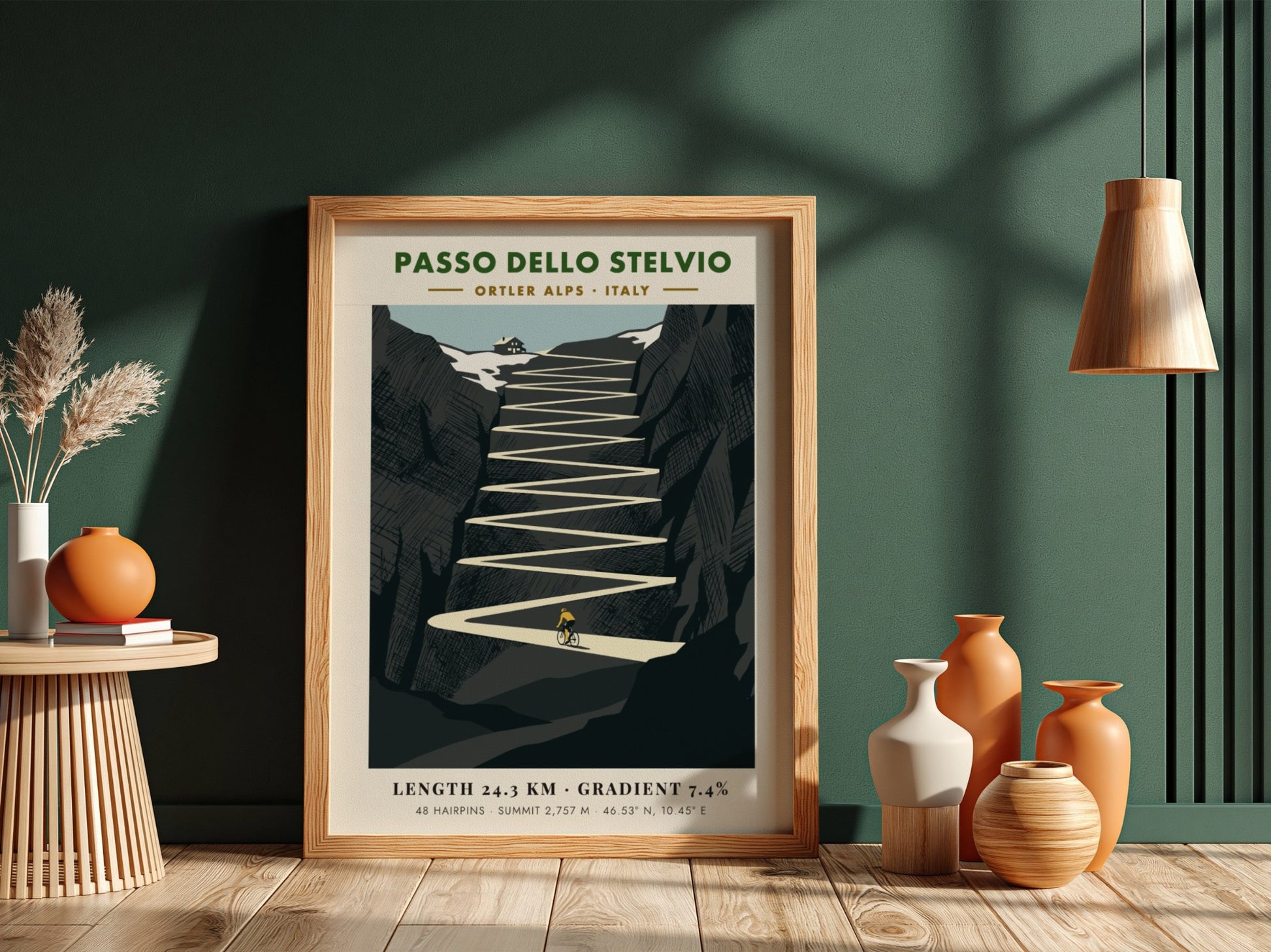 Poster featuring a minimalist illustration of the Passo Dello Stelvio cycling climb in Italy