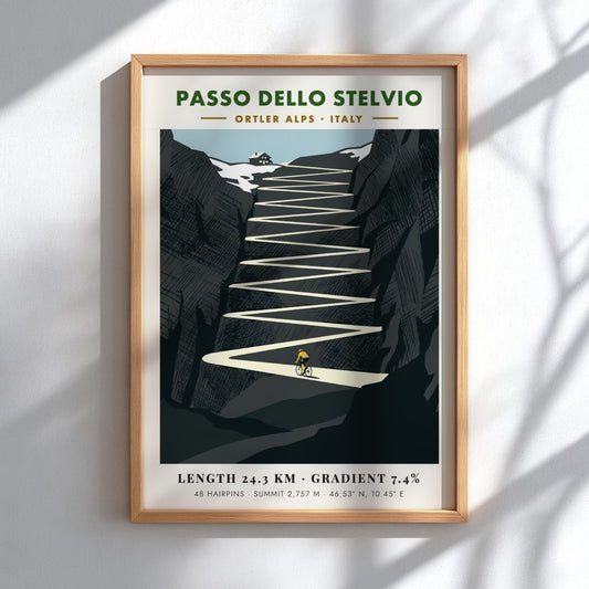 Poster featuring a minimalist illustration of the Passo Dello Stelvio cycling climb in Italy