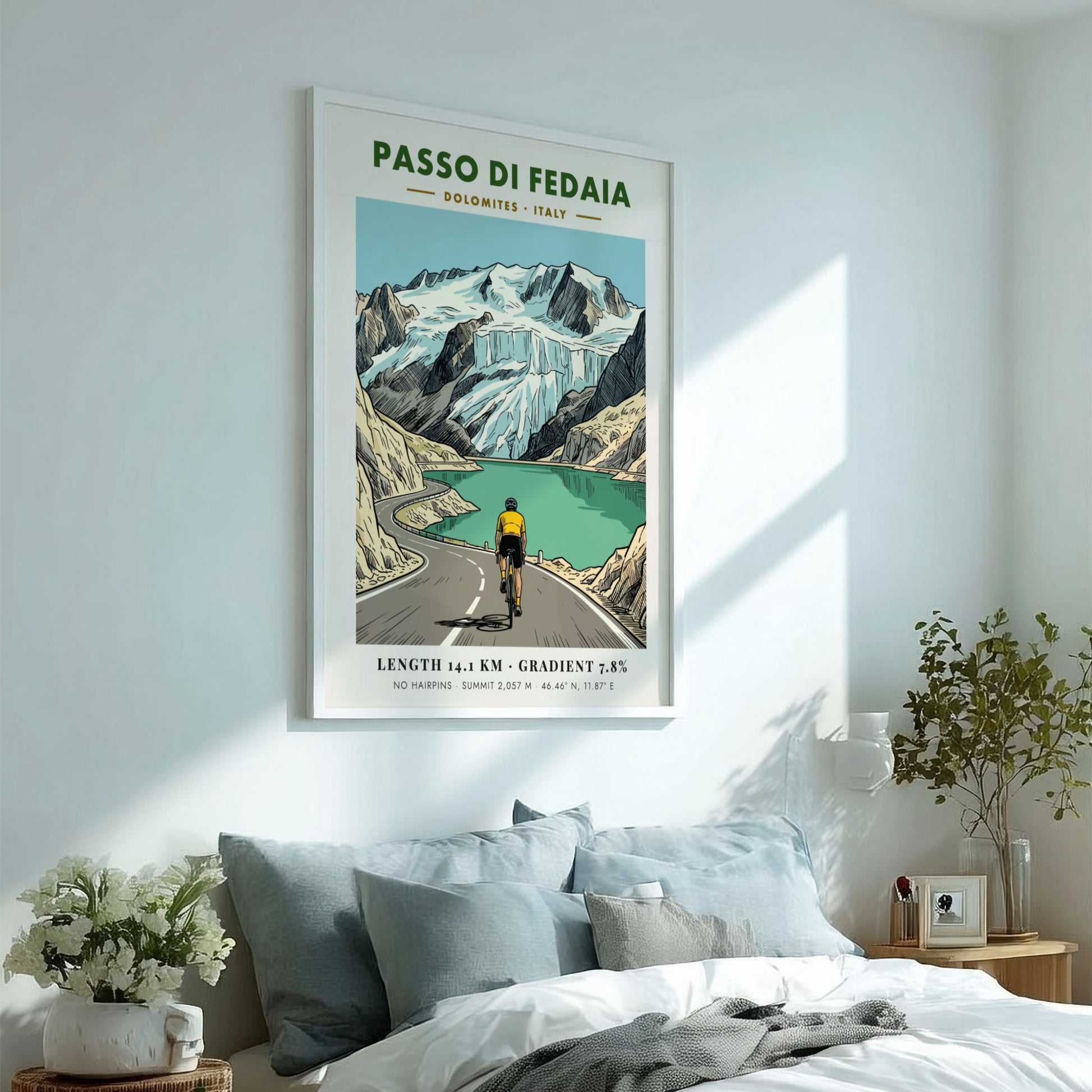 Cycling poster of Passo Di Fedaia in the Dolomites with a cyclist climbing.