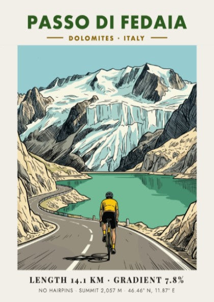 Cycling poster of Passo Di Fedaia in the Dolomites with a cyclist climbing.