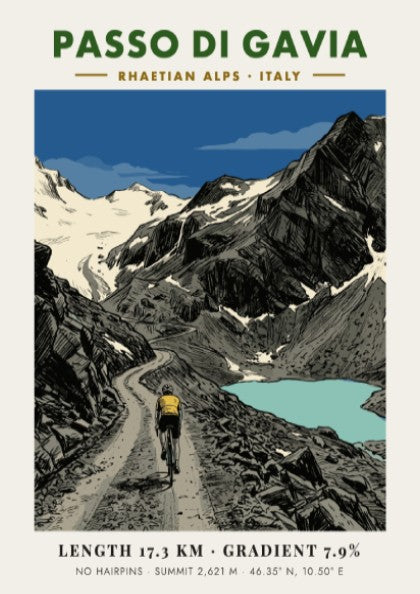 Poster of a cyclist climbing the gravel road of Passo Di Gavia Italy