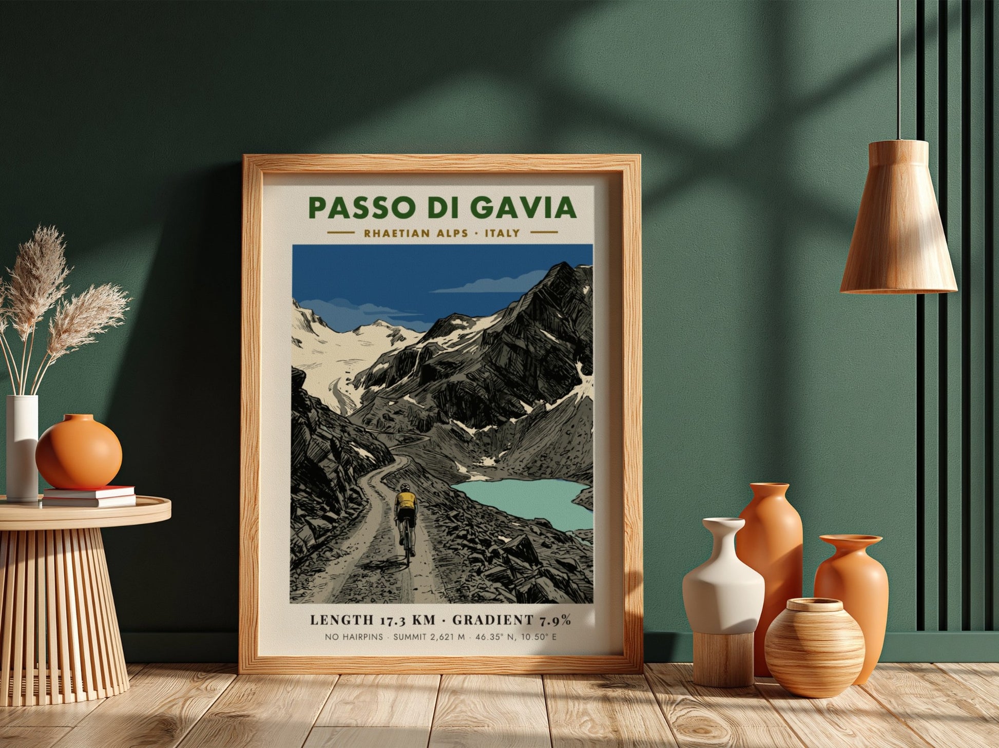 Poster of a cyclist climbing the gravel road of Passo Di Gavia Italy