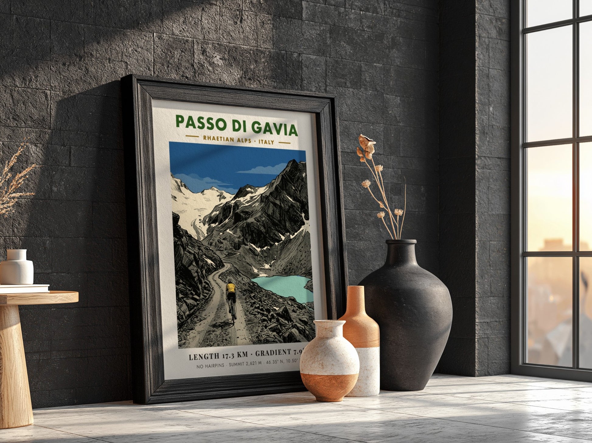 Poster of a cyclist climbing the gravel road of Passo Di Gavia Italy