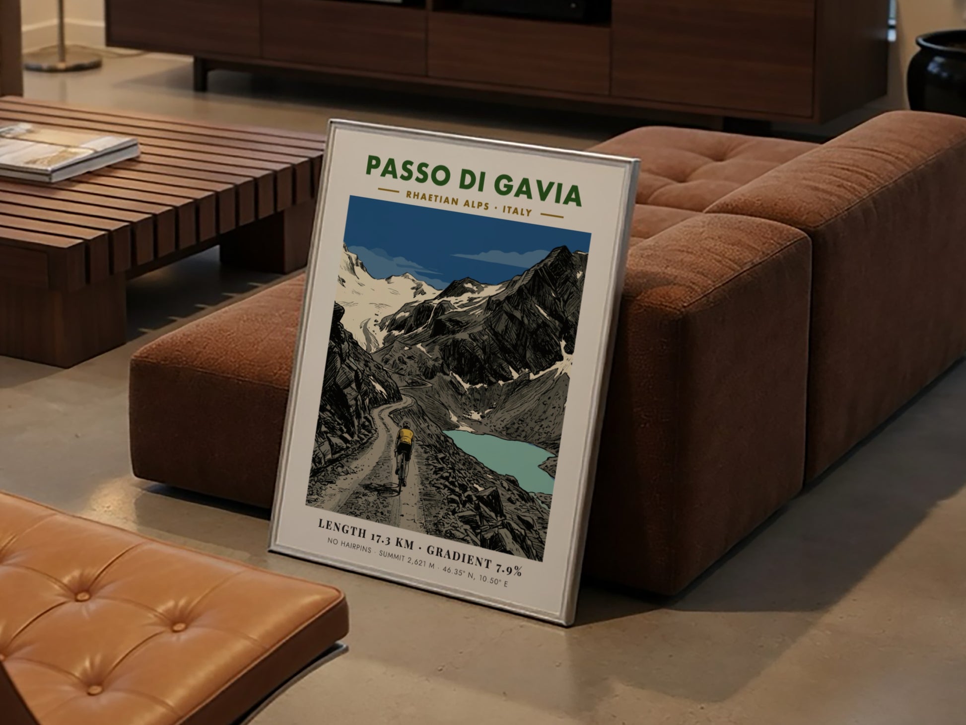 Poster of a cyclist climbing the gravel road of Passo Di Gavia Italy