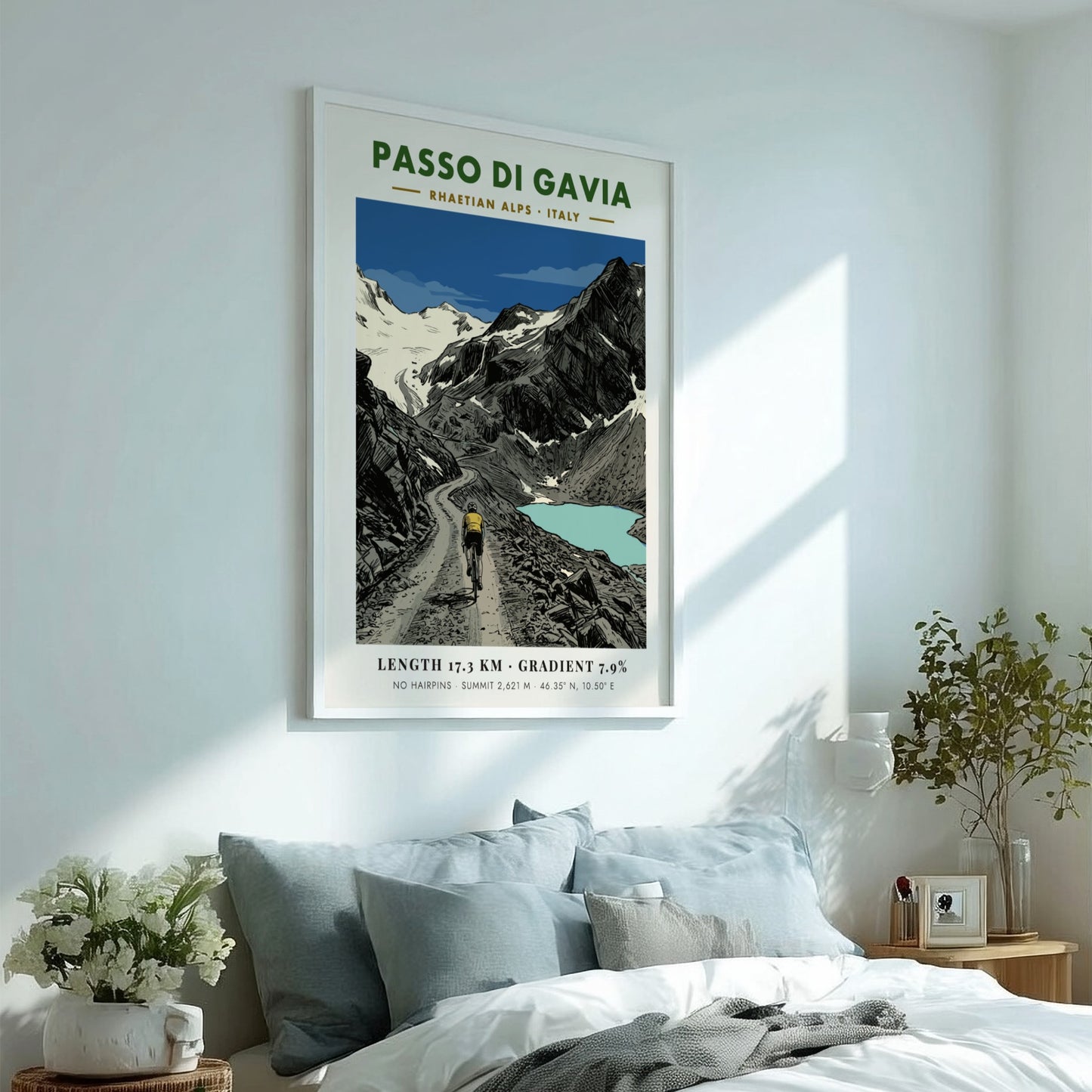 Poster of a cyclist climbing the gravel road of Passo Di Gavia Italy