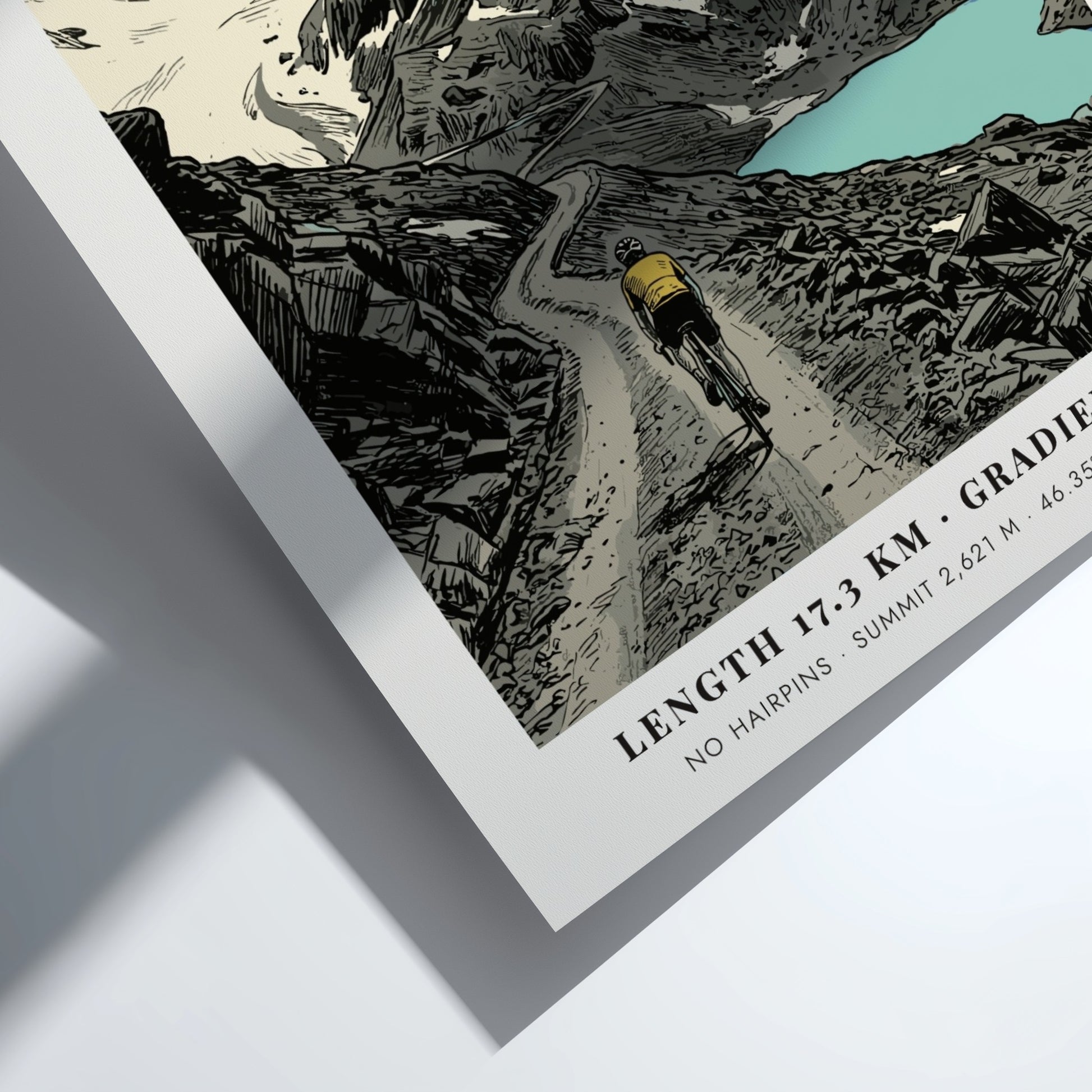 Poster of a cyclist climbing the gravel road of Passo Di Gavia Italy