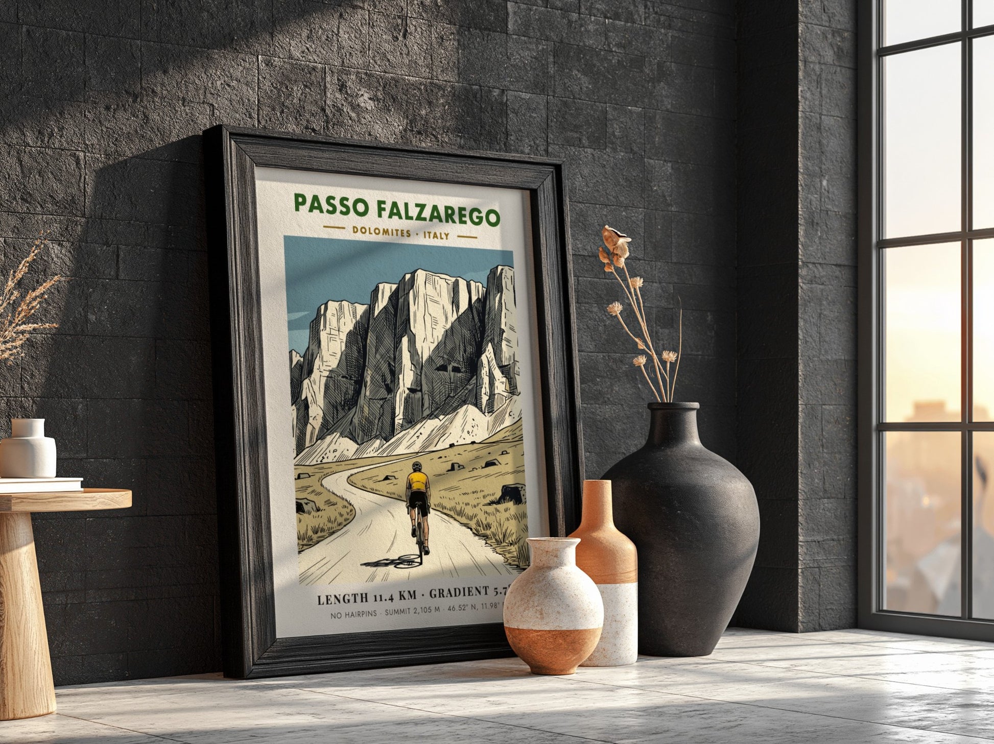 Poster featuring a cyclist climbing the Passo Falzarego in the Italian Dolomites mountains