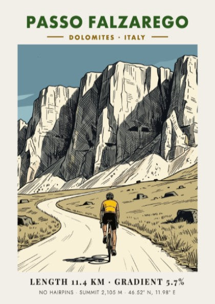 Poster featuring a cyclist climbing the Passo Falzarego in the Italian Dolomites mountains