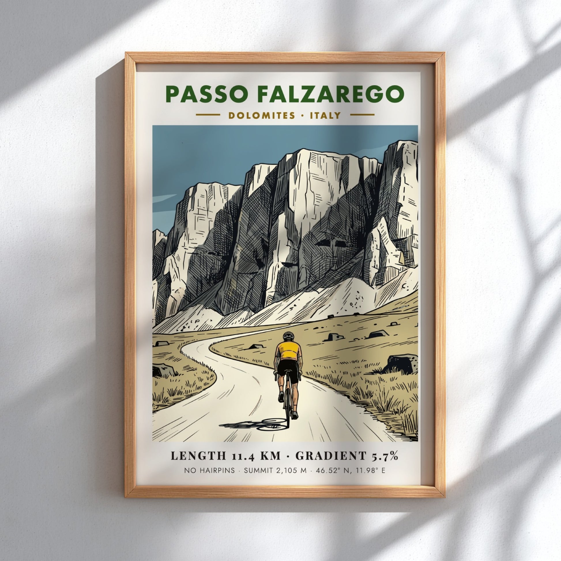 Poster featuring a cyclist climbing the Passo Falzarego in the Italian Dolomites mountains