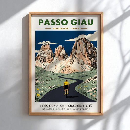 Passo Giau poster showing a cyclist riding toward jagged limestone mountains in Italy.