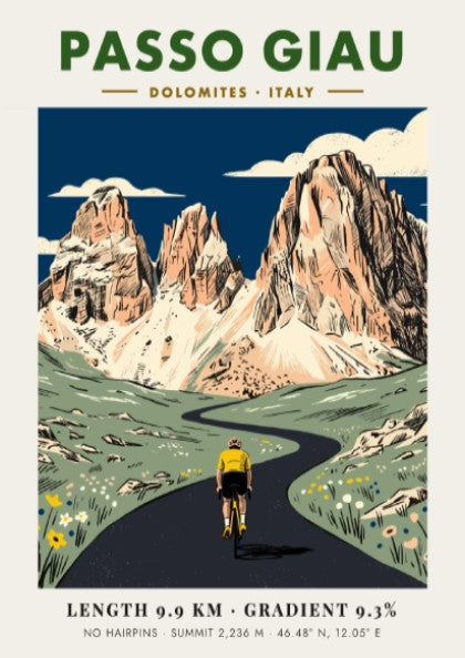 Passo Giau poster showing a cyclist riding toward jagged limestone mountains in Italy.