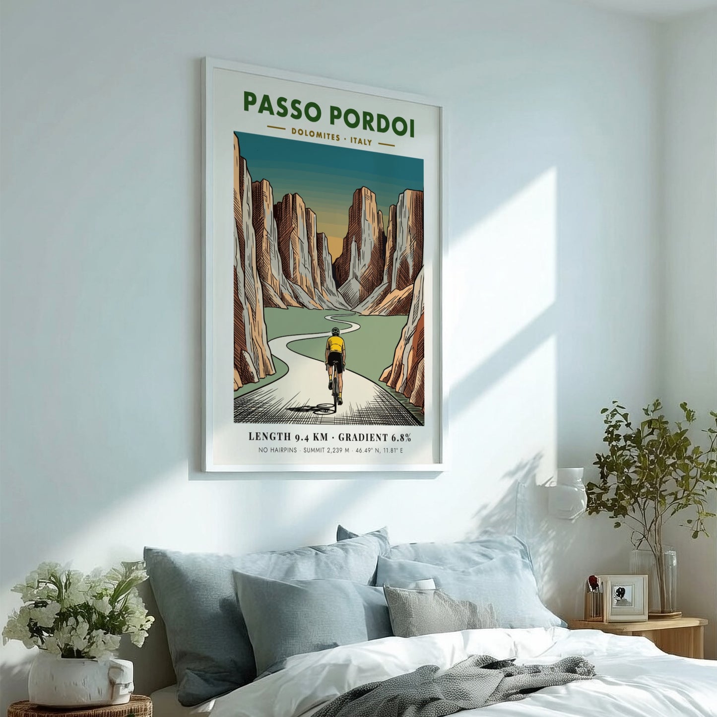 Poster of a cyclist climbing the Passo Pordoi in the Italian Dolomites mountains.