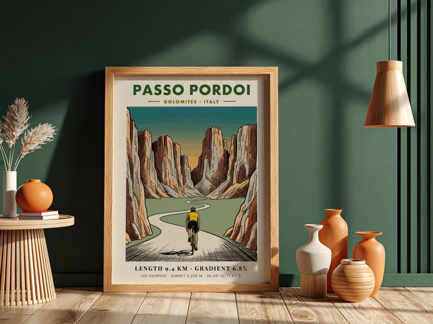 Poster of a cyclist climbing the Passo Pordoi in the Italian Dolomites mountains.