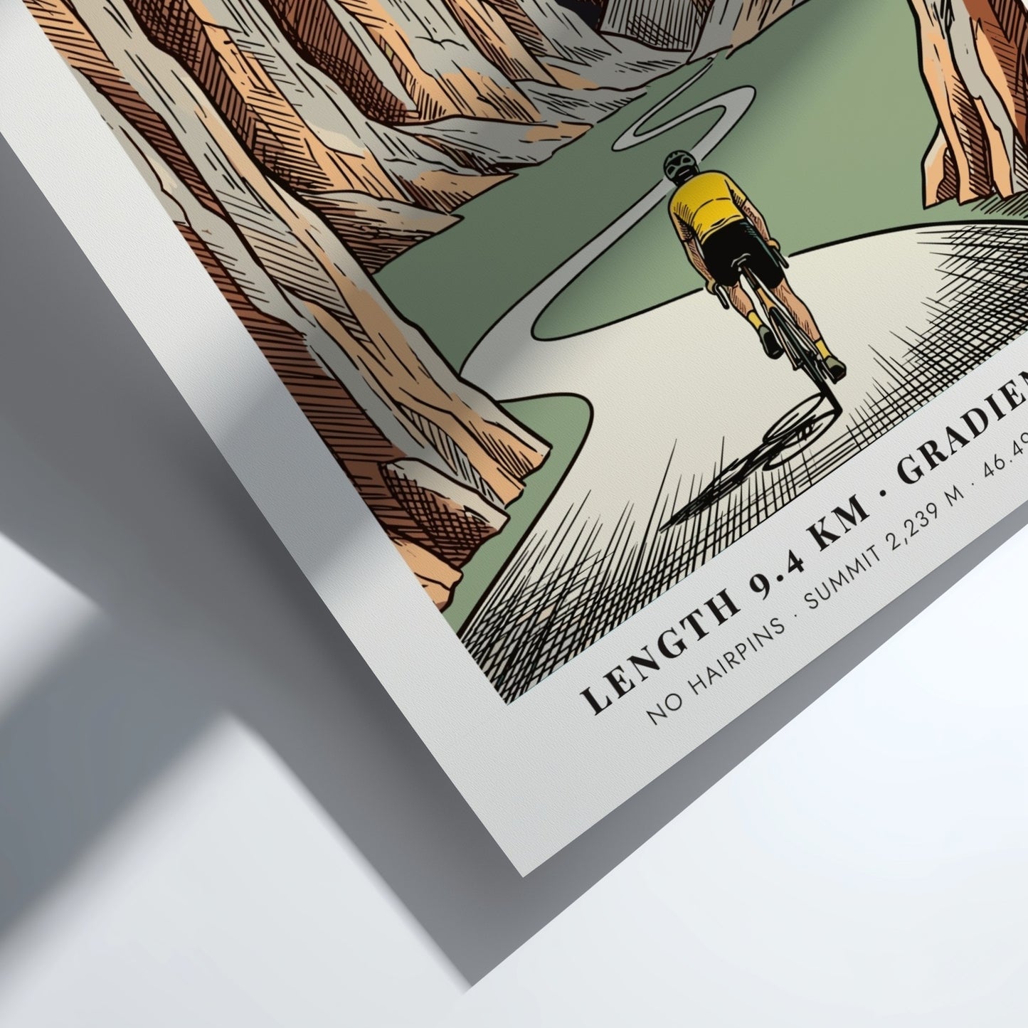 Poster of a cyclist climbing the Passo Pordoi in the Italian Dolomites mountains.
