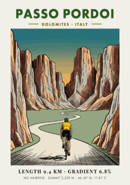 Poster of a cyclist climbing the Passo Pordoi in the Italian Dolomites mountains.