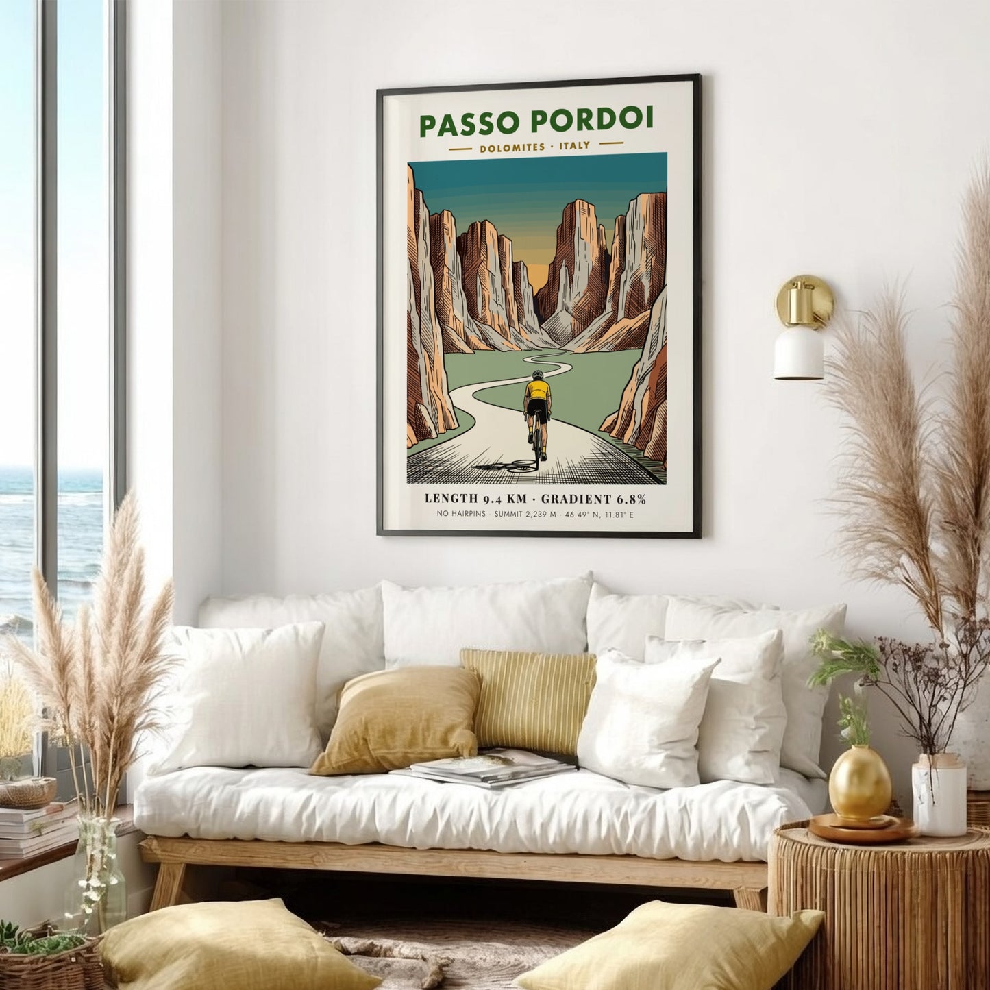 Poster of a cyclist climbing the Passo Pordoi in the Italian Dolomites mountains.