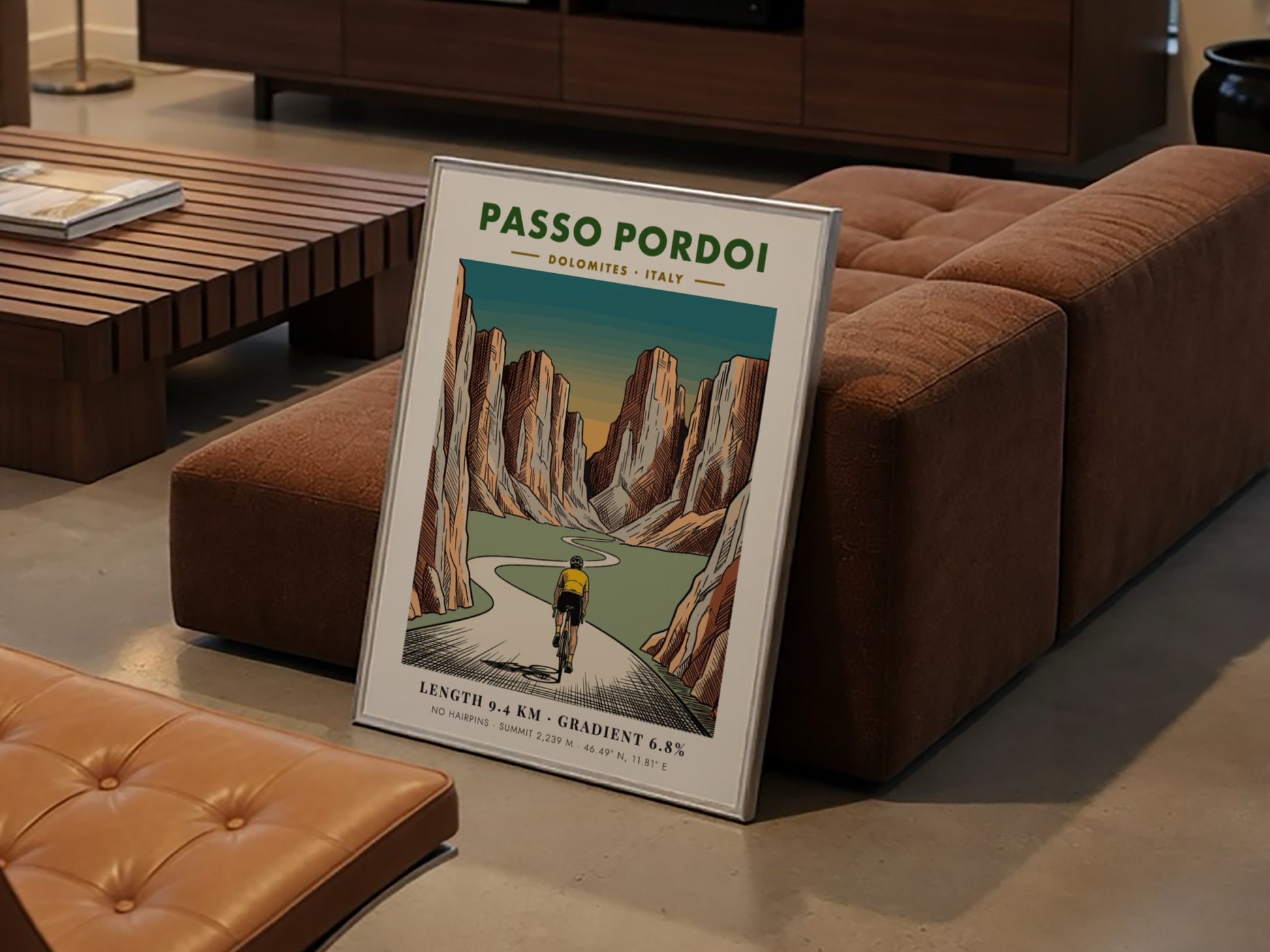 Poster of a cyclist climbing the Passo Pordoi in the Italian Dolomites mountains.