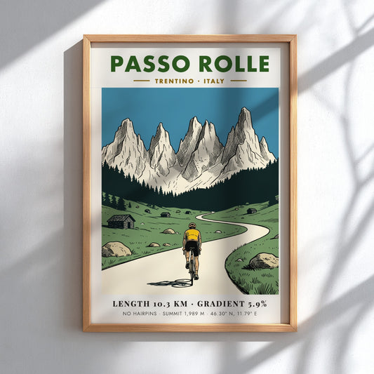 Poster of a cyclist climbing a mountain road toward the jagged Passo Rolle peaks.
