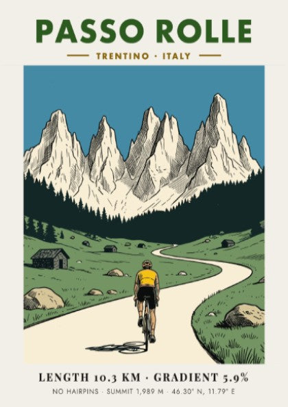 Poster of a cyclist climbing a mountain road toward the jagged Passo Rolle peaks.