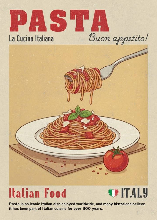 Poster of Italian pasta with a fork, plate, and tomato on a beige background.