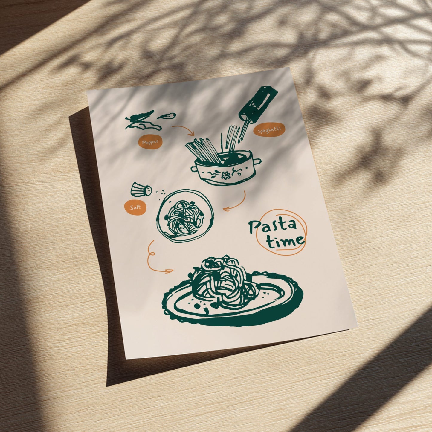 Poster with green pasta-themed illustrations on a beige background