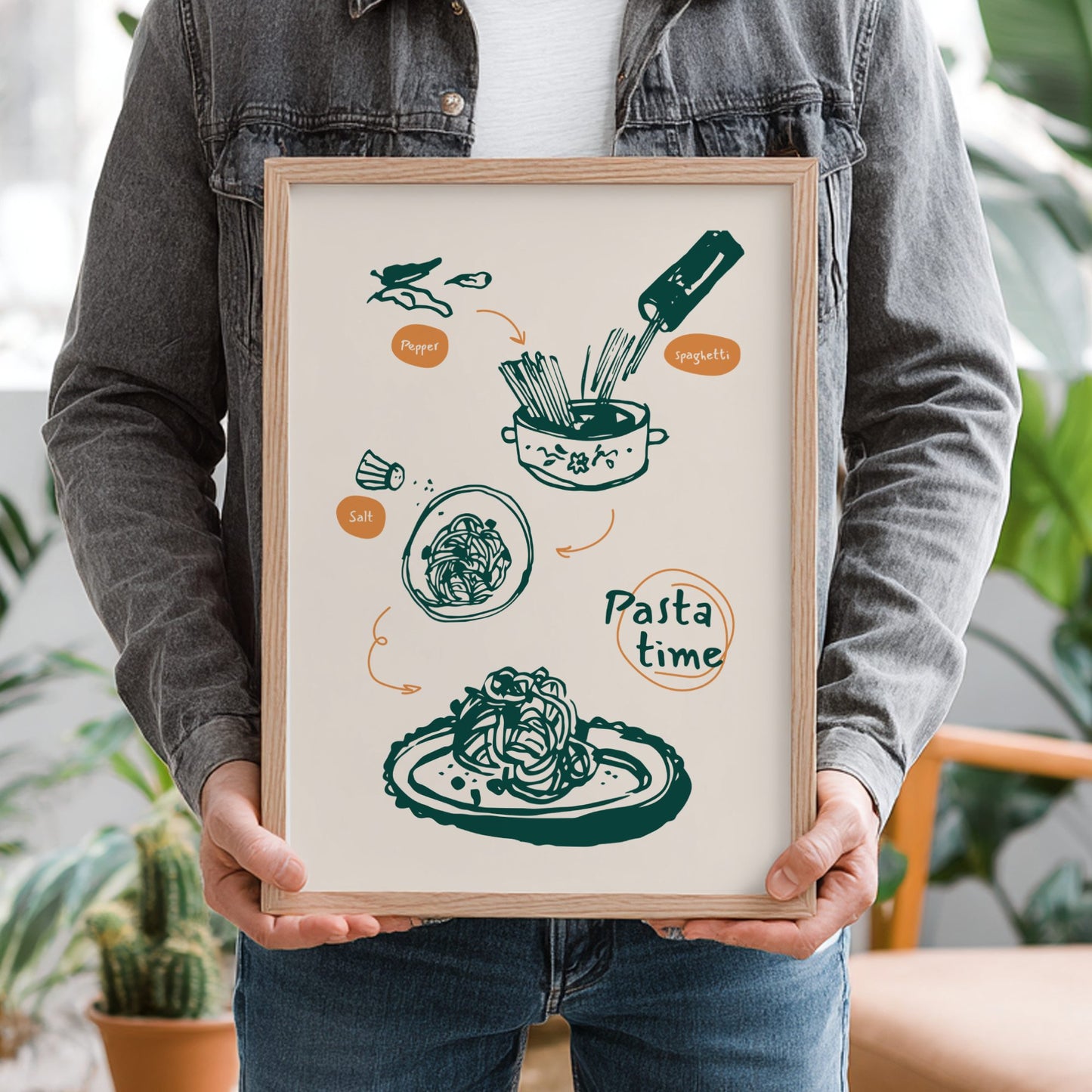 Person holding a framed illustration of 'Pasta time' with kitchen elements.