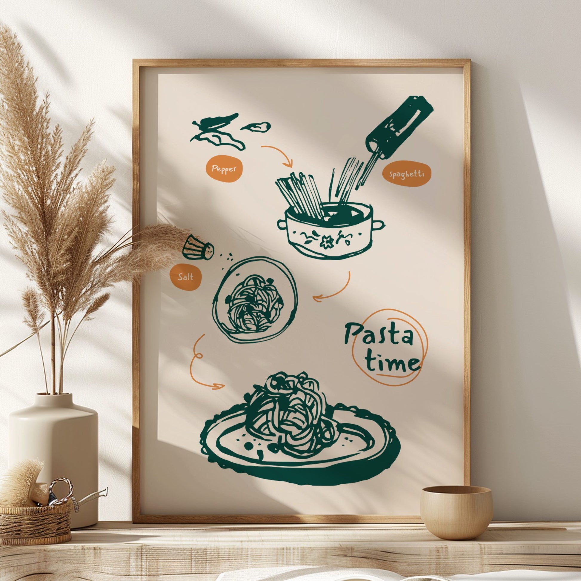 Framed artwork with 'Pasta time' design on a wall with decorative elements.