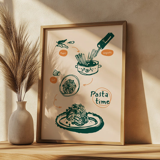 Framed illustration of a pasta-making process on a wall with a vase and plant.