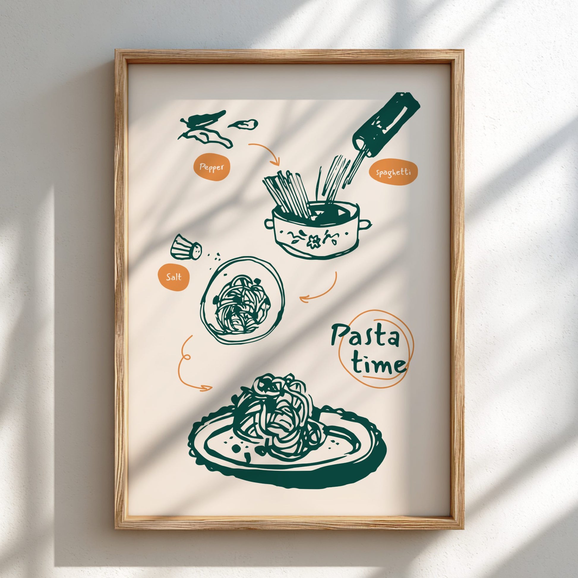 Framed artwork with a pasta-themed design on a light background