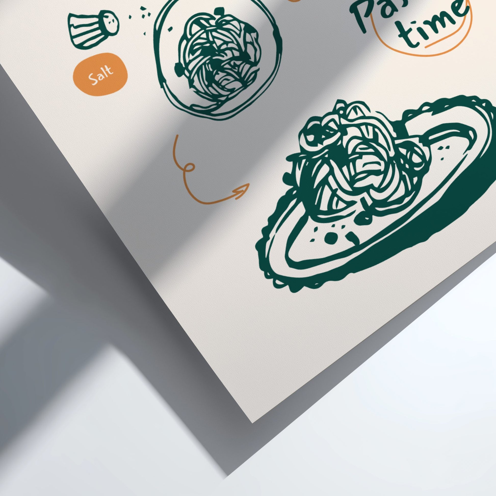 Sheet of paper with illustrations of pasta and text on a light gray background