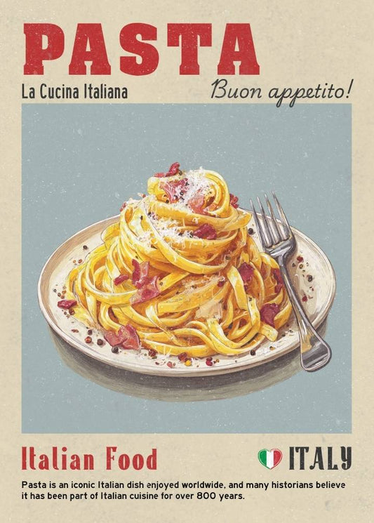 Poster of Italian pasta with text and a fork on a beige border