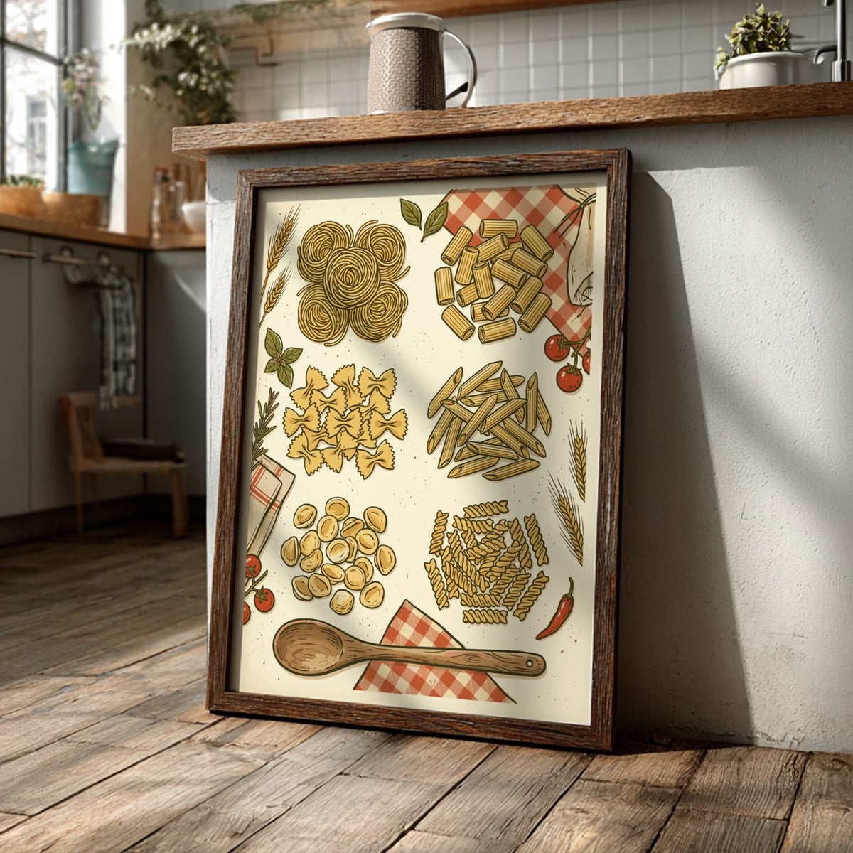Poster displaying various pasta shapes with wheat, fresh herbs, and a wooden spoon illustration