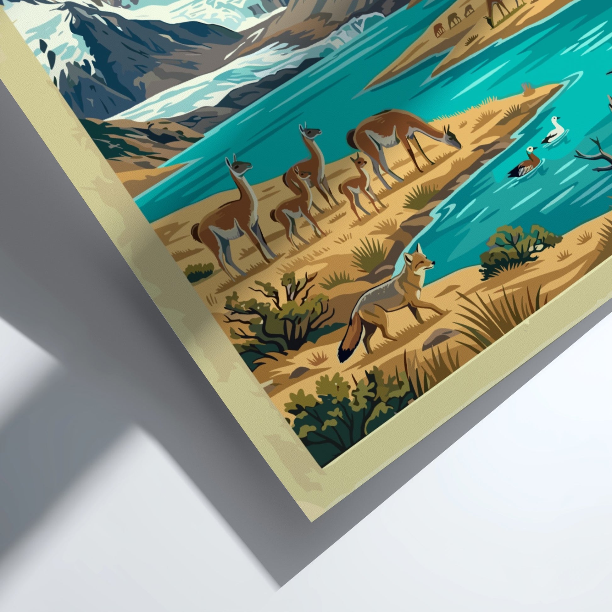 South America travel poster featuring guanacos, a river, and snow-capped mountains in Patagonia