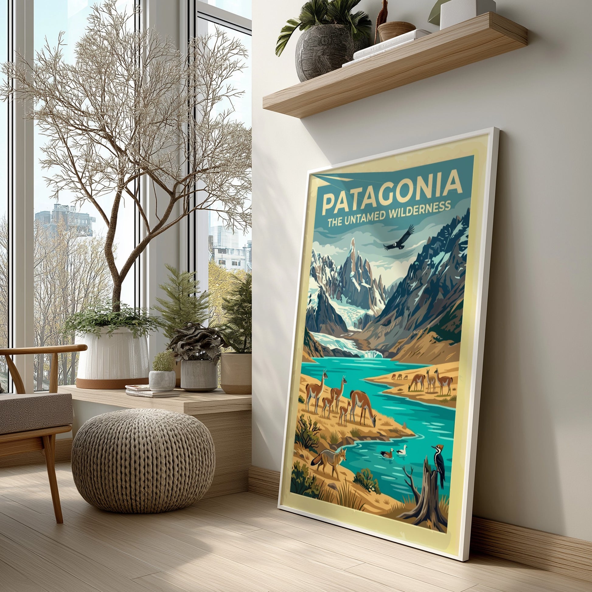 South America travel poster featuring guanacos, a river, and snow-capped mountains in Patagonia
