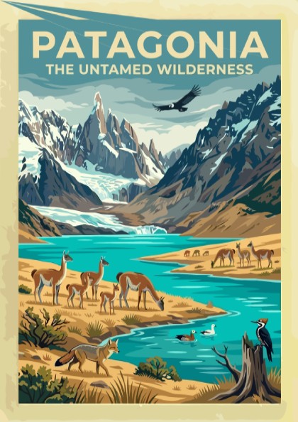 South America travel poster featuring guanacos, a river, and snow-capped mountains in Patagonia
