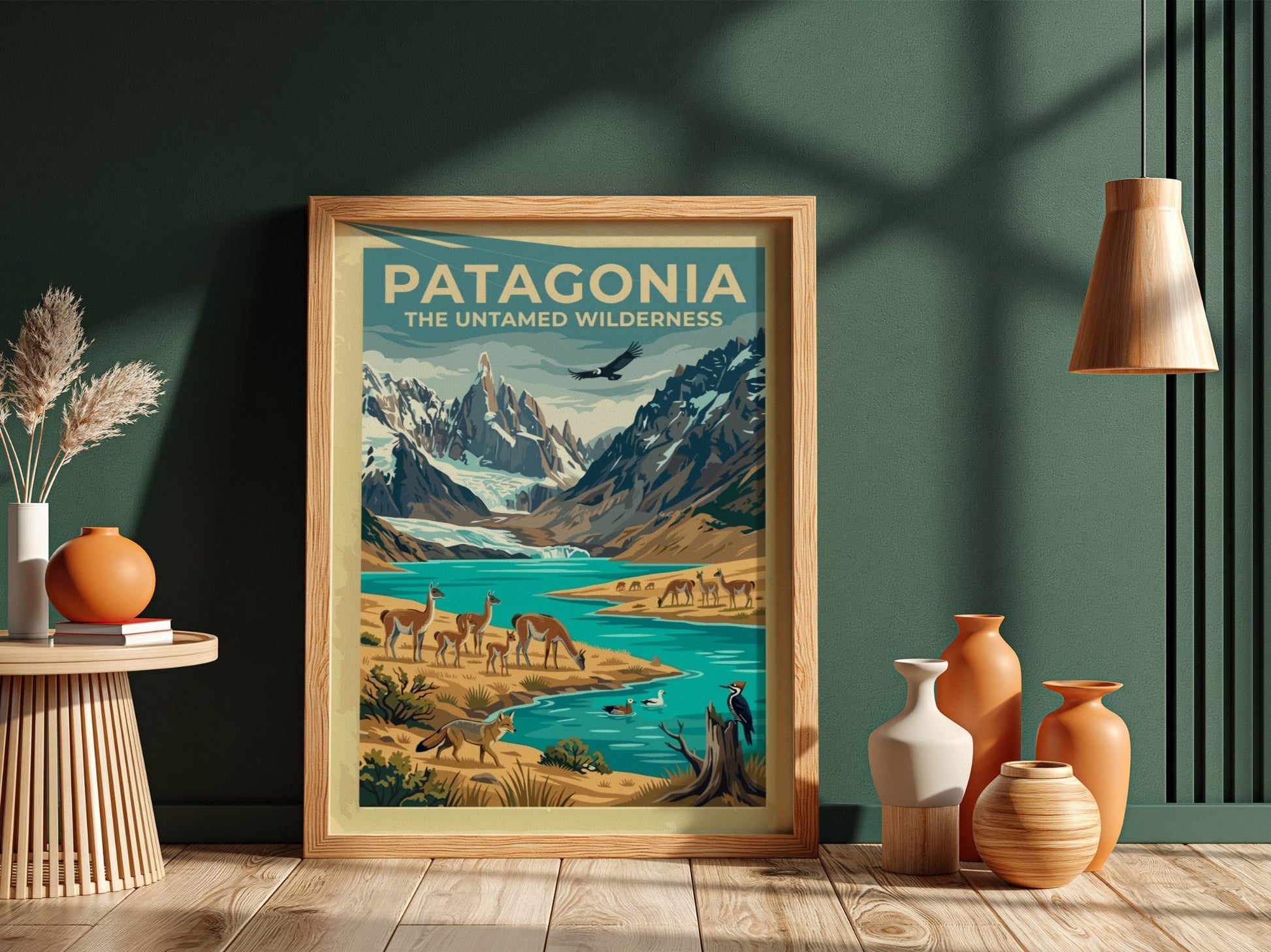 South America travel poster featuring guanacos, a river, and snow-capped mountains in Patagonia