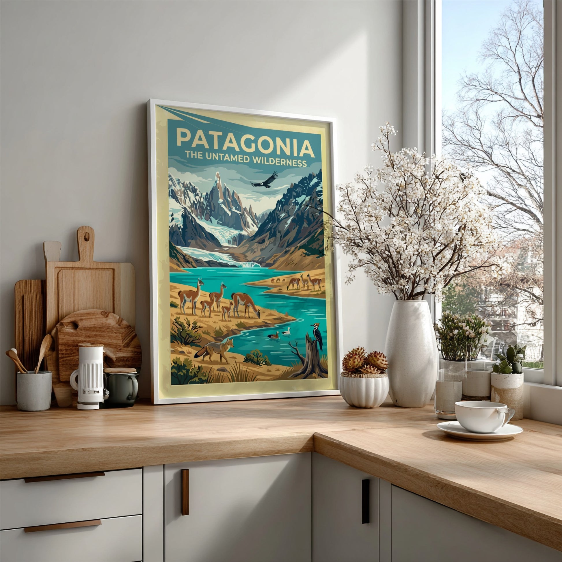 South America travel poster featuring guanacos, a river, and snow-capped mountains in Patagonia