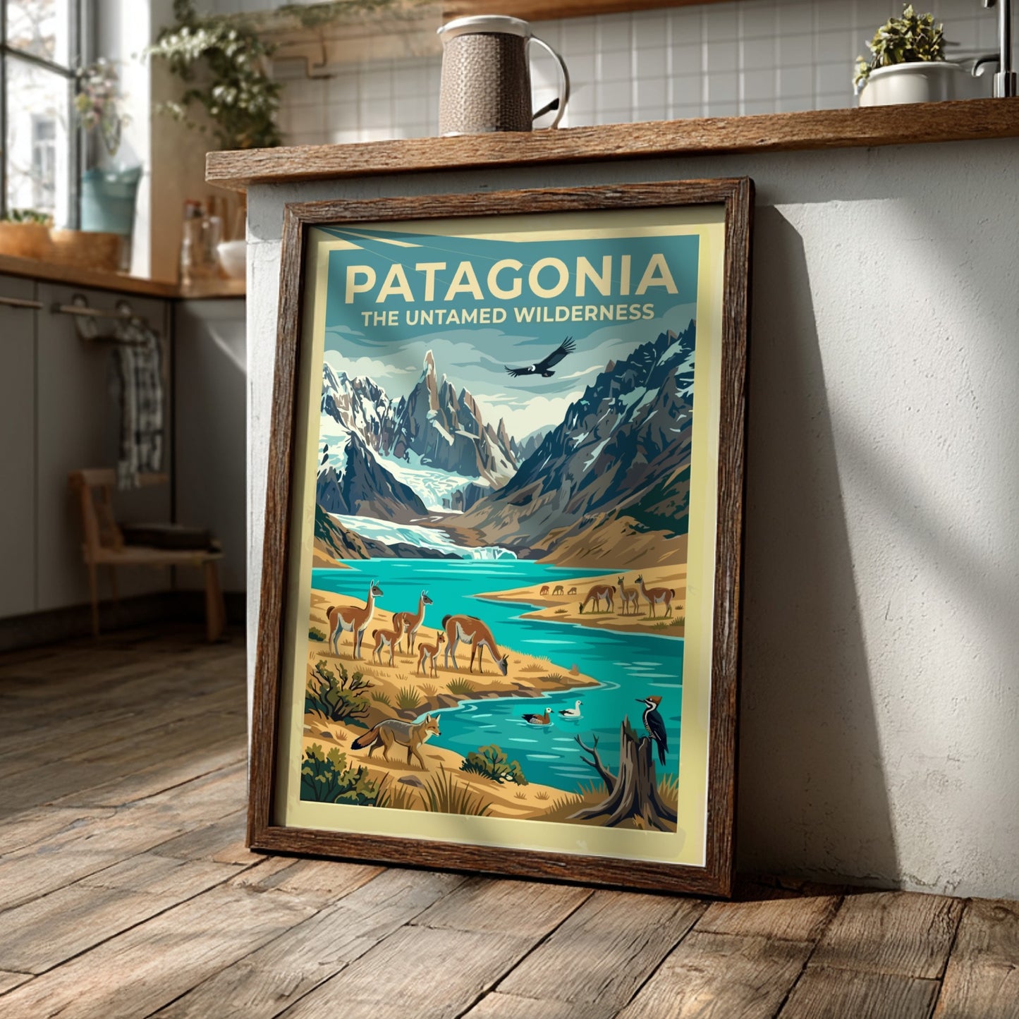 South America travel poster featuring guanacos, a river, and snow-capped mountains in Patagonia