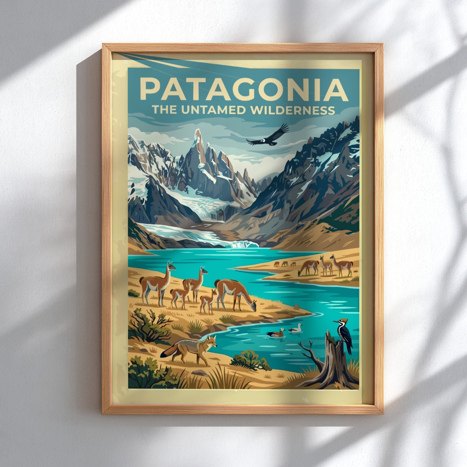 South America travel poster featuring guanacos, a river, and snow-capped mountains in Patagonia